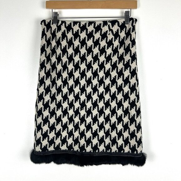 Cynthia Steffe Houndstooth Pencil Skirt Rabbit Fur Leather Hem Retro Sz 6 /8 - Picture 4 of 9